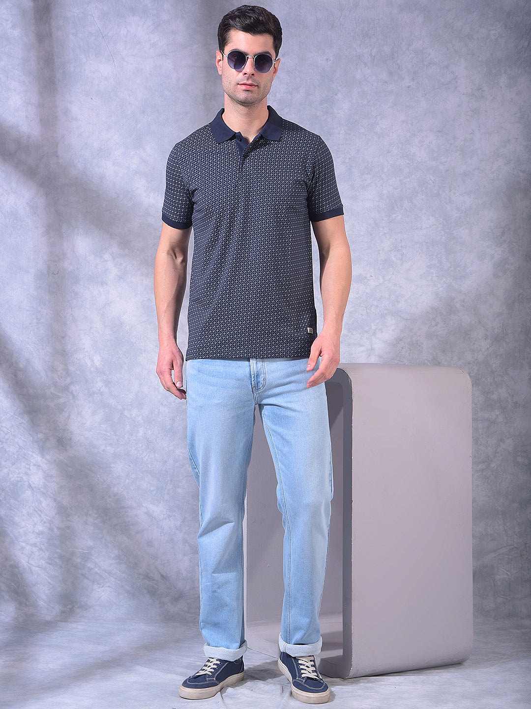 COBB NAVY BLUE PRINTED POLO NECK T-SHIRT