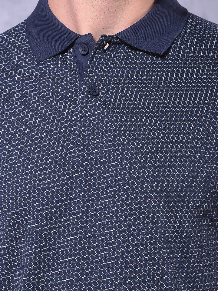 COBB NAVY BLUE PRINTED POLO NECK T-SHIRT