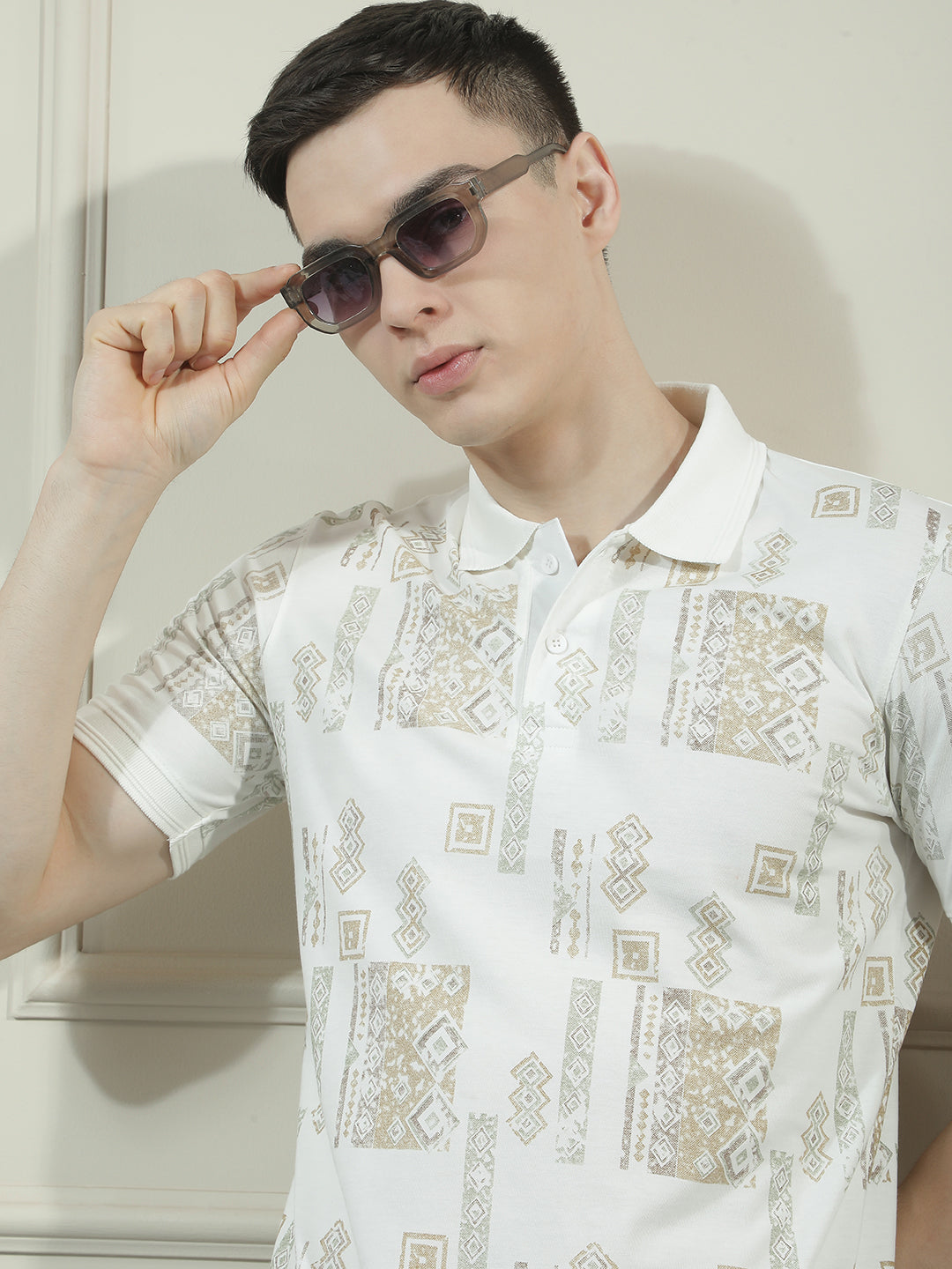 cobb cream printed polo neck t-shirt