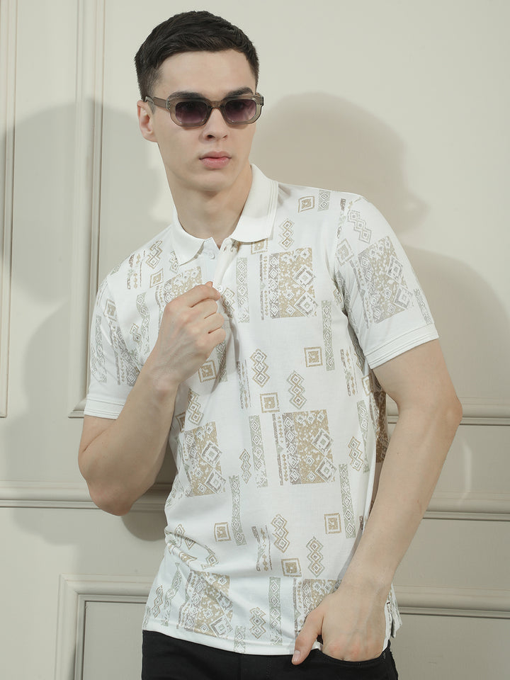 cobb cream printed polo neck t-shirt
