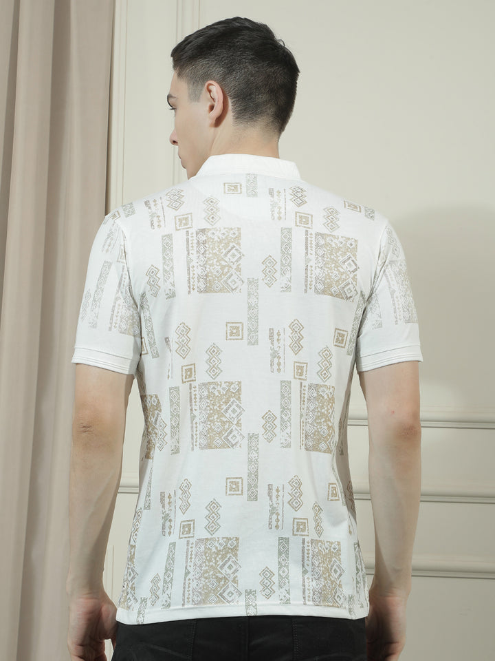 cobb cream printed polo neck t-shirt