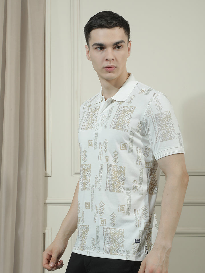 cobb cream printed polo neck t-shirt