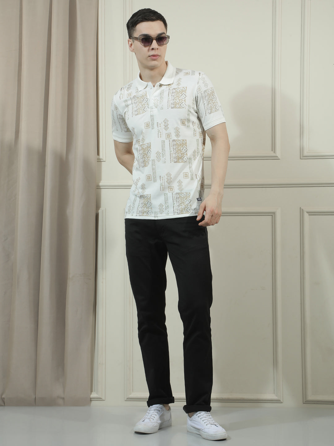 COBB CREAM PRINTED POLO NECK T-SHIRT