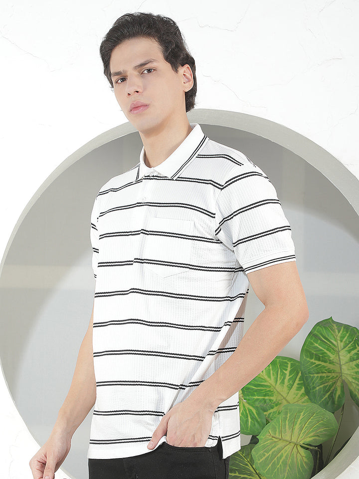 WHITE STRIPED POLO T-SHIRT