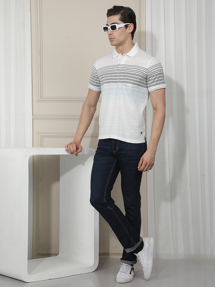 WHITE STRIPED POLO T-SHIRT