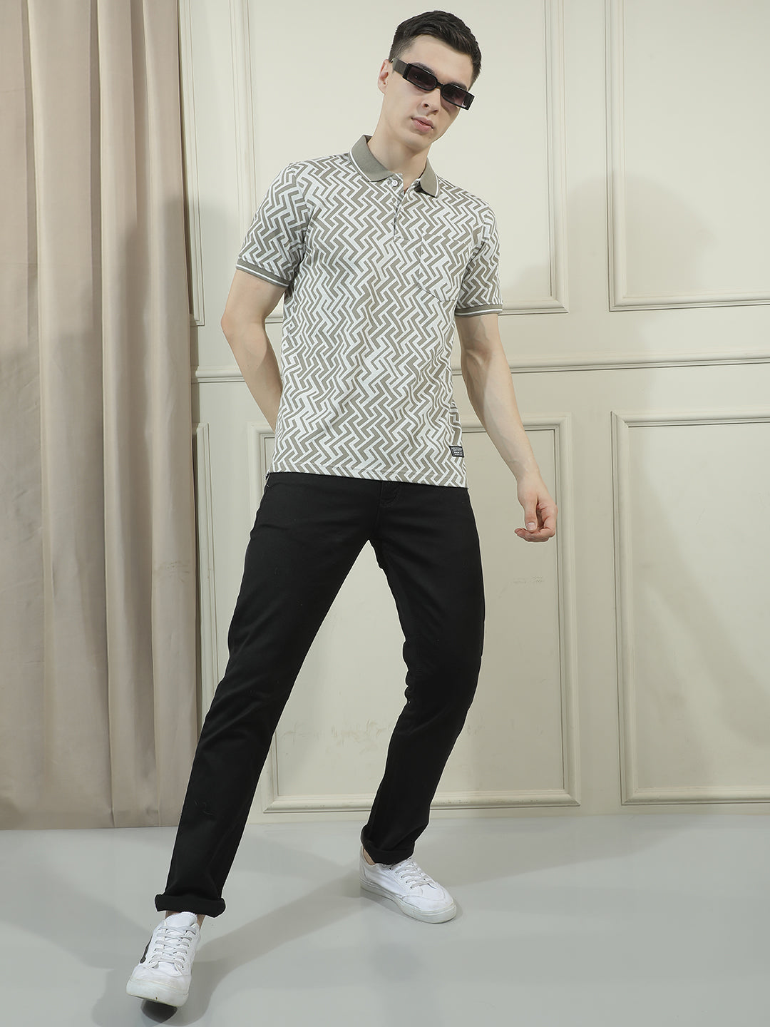 COBB GREY PRINTED POLO NECK T-SHIRT