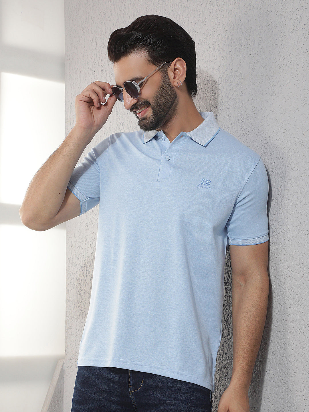 cobb sky blue solid polo neck t-shirt