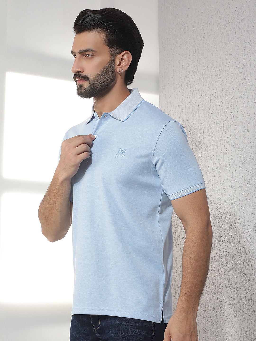 cobb sky blue solid polo neck t-shirt