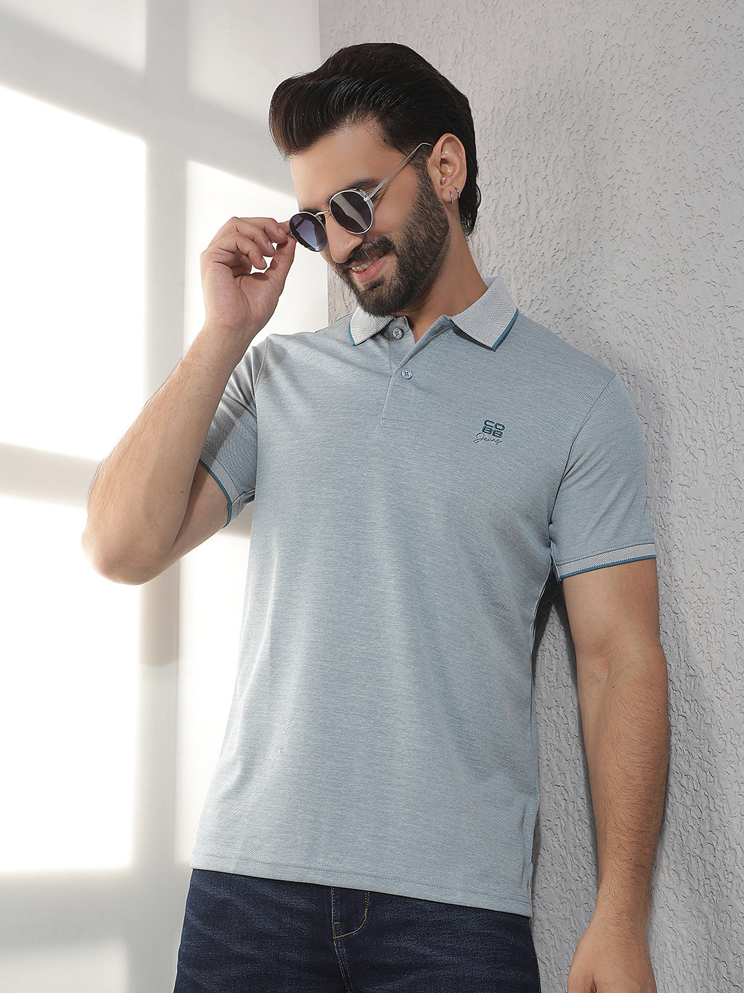 cobb teal solid polo neck t-shirt