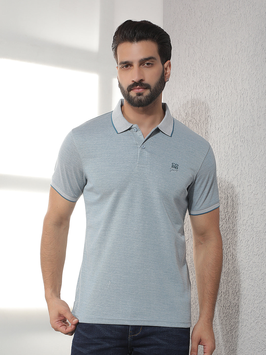 cobb teal solid polo neck t-shirt