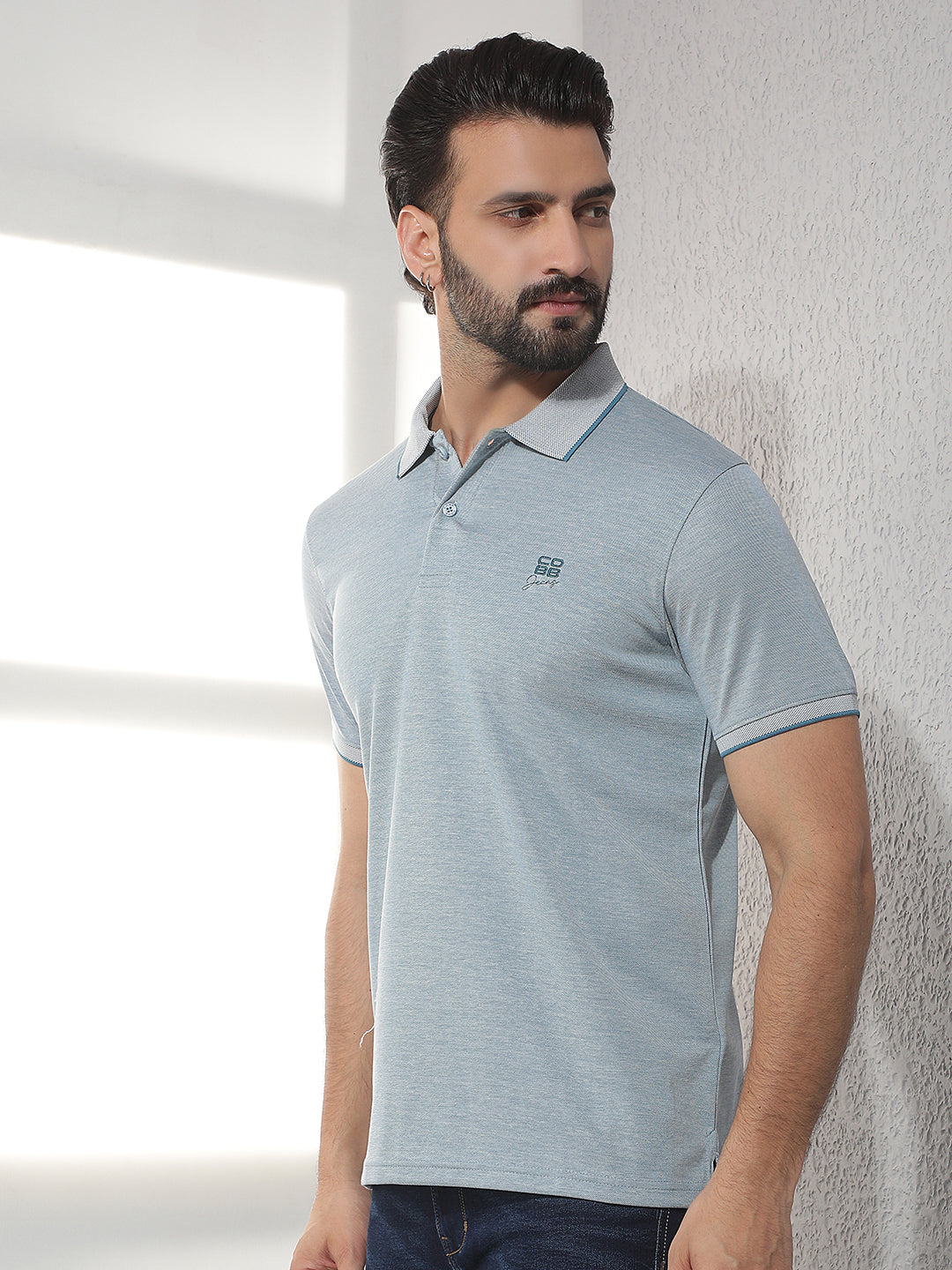 cobb teal solid polo neck t-shirt