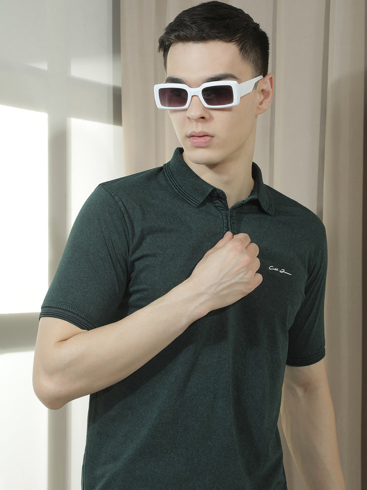 cobb bottle green solid polo neck t-shirt