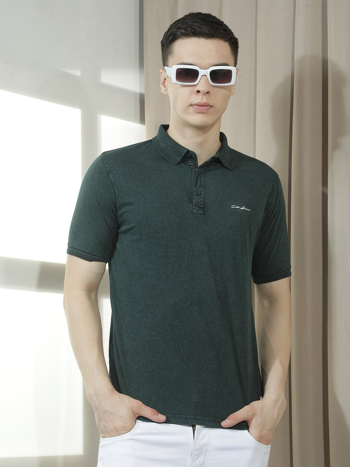 cobb bottle green solid polo neck t-shirt