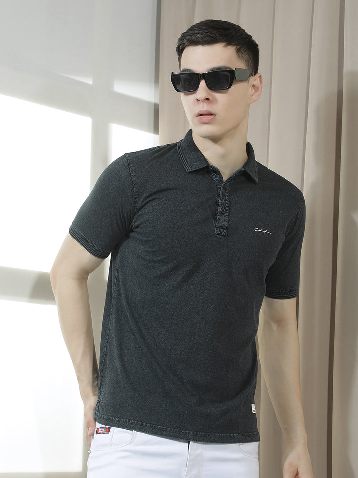 cobb black solid polo neck t-shirt