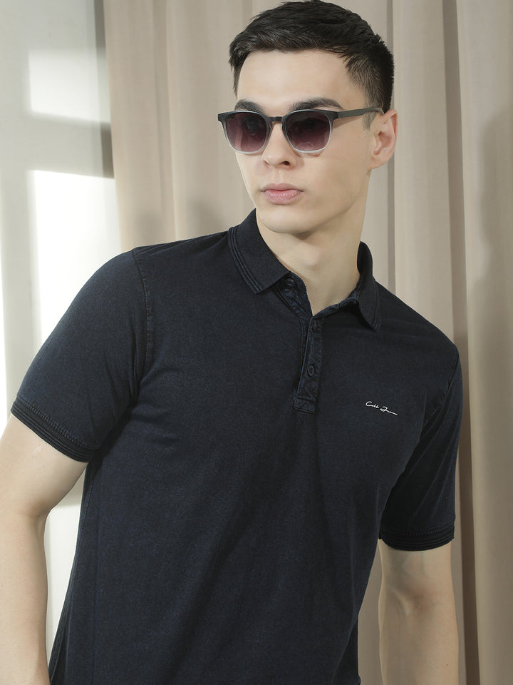 cobb navy blue solid polo neck t-shirt