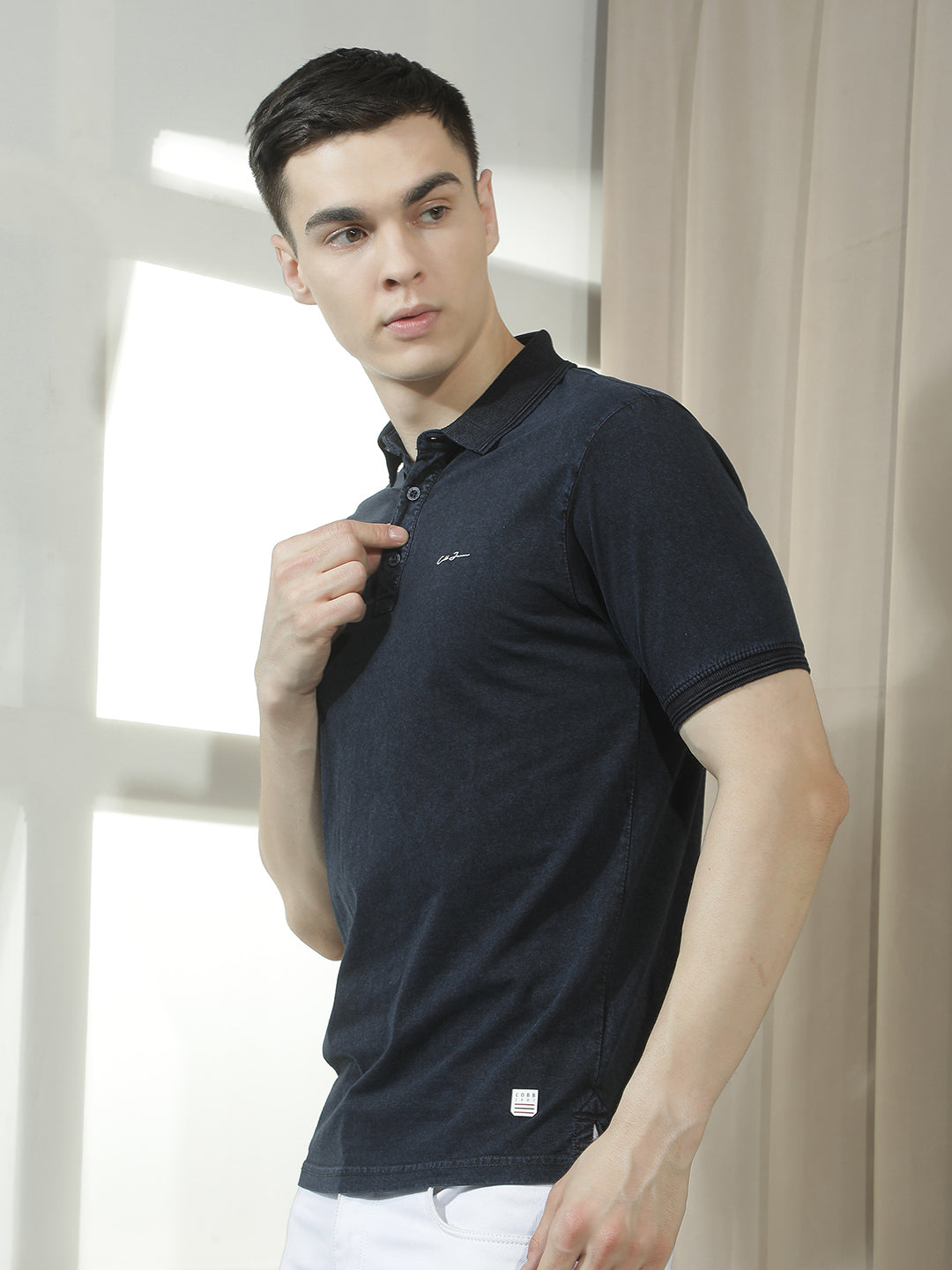 cobb navy blue solid polo neck t-shirt