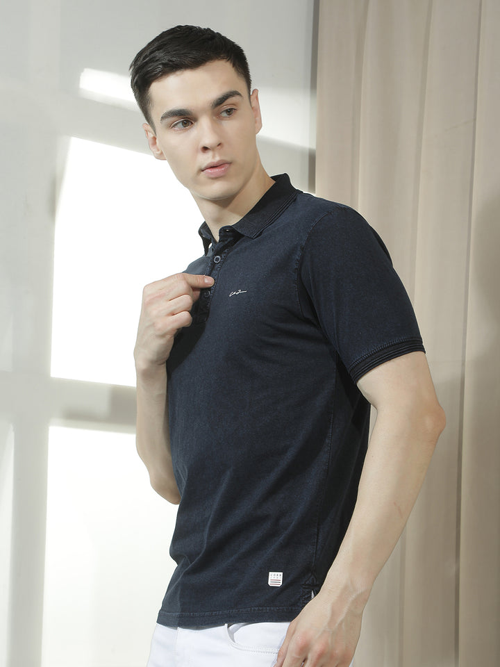 cobb navy blue solid polo neck t-shirt