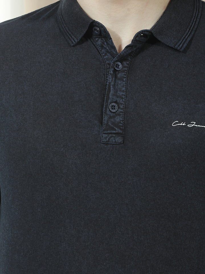 COBB NAVY BLUE SOLID POLO NECK T-SHIRT