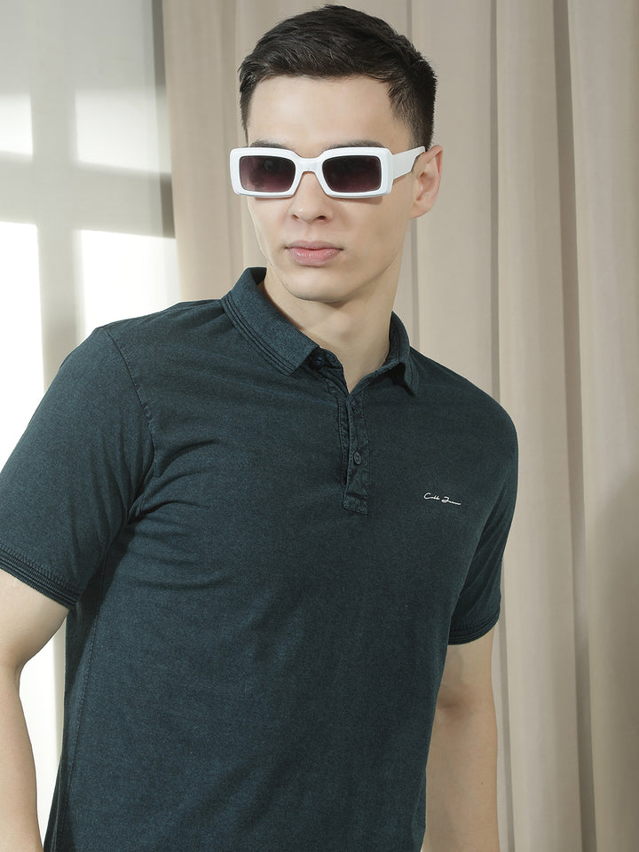 cobb teal solid polo neck t-shirt