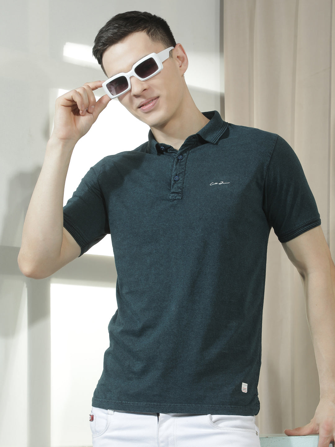 cobb teal solid polo neck t-shirt