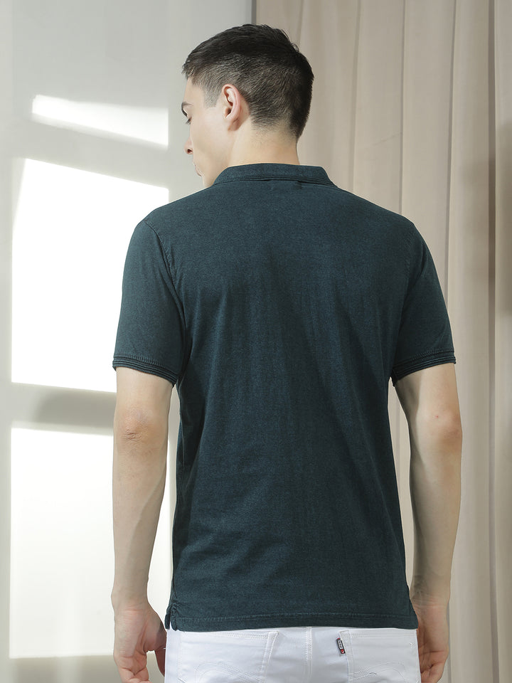 cobb teal solid polo neck t-shirt