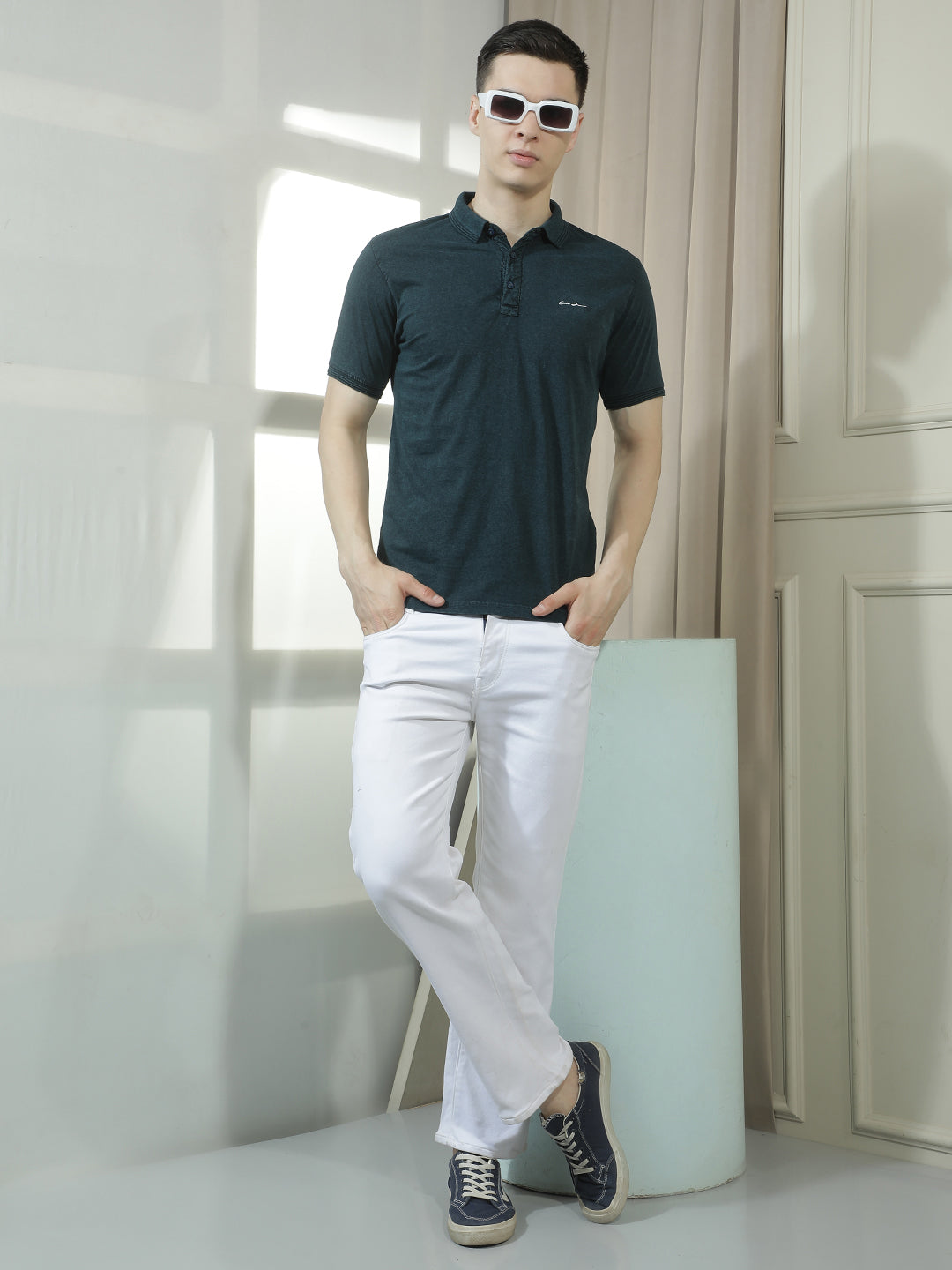 COBB TEAL SOLID POLO NECK T-SHIRT