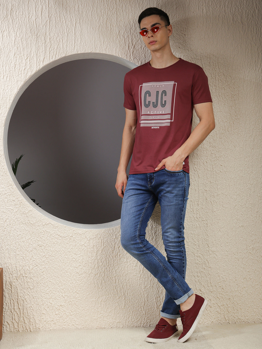 COBB MAGENTA PINK PRINTED ROUND NECK T-SHIRT