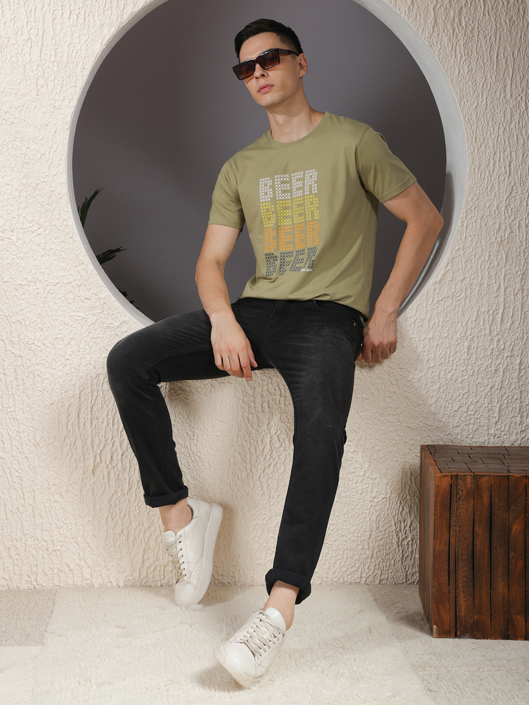COBB PISTA GREEN PRINTED ROUND NECK T-SHIRT