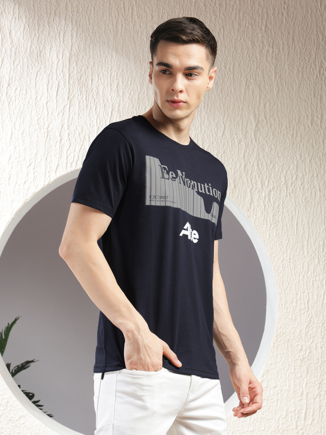 COBB NAVY BLUE PRINTED ROUND NECK T-SHIRT