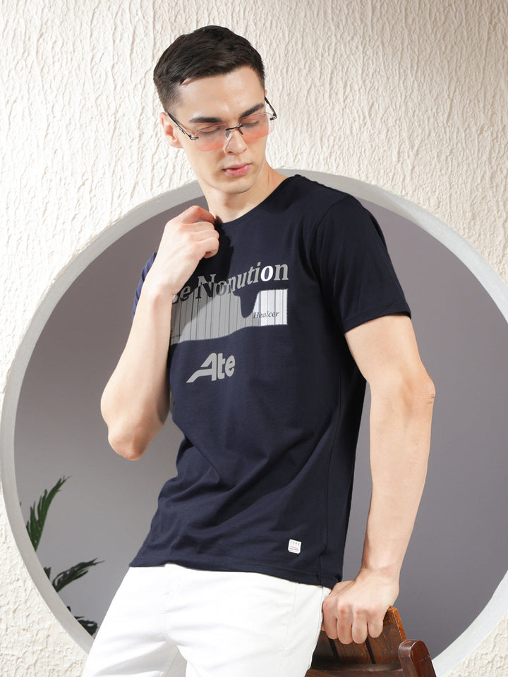 COBB NAVY BLUE PRINTED ROUND NECK T-SHIRT