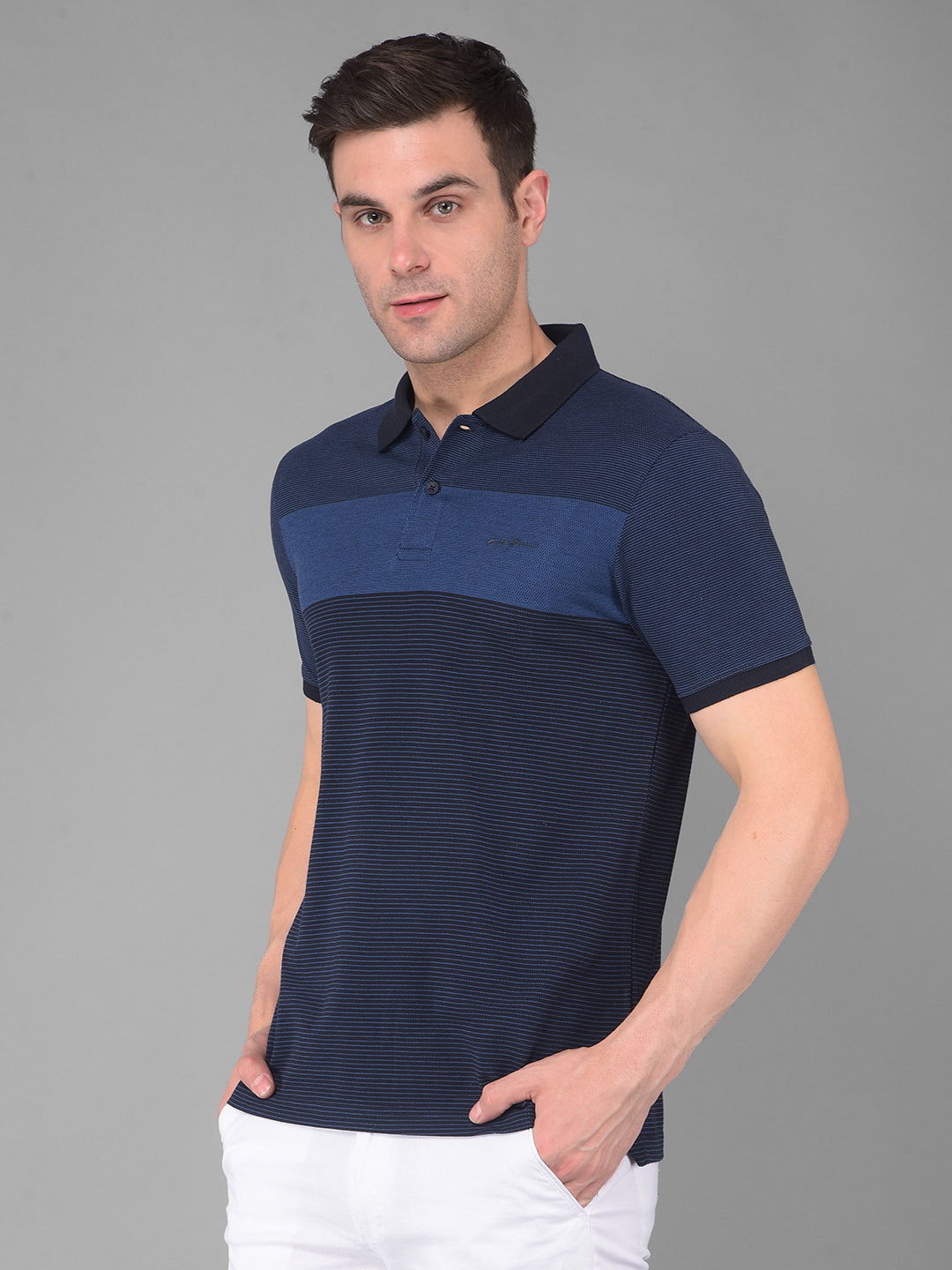 cobb black indigo blue striped polo neck t-shirt