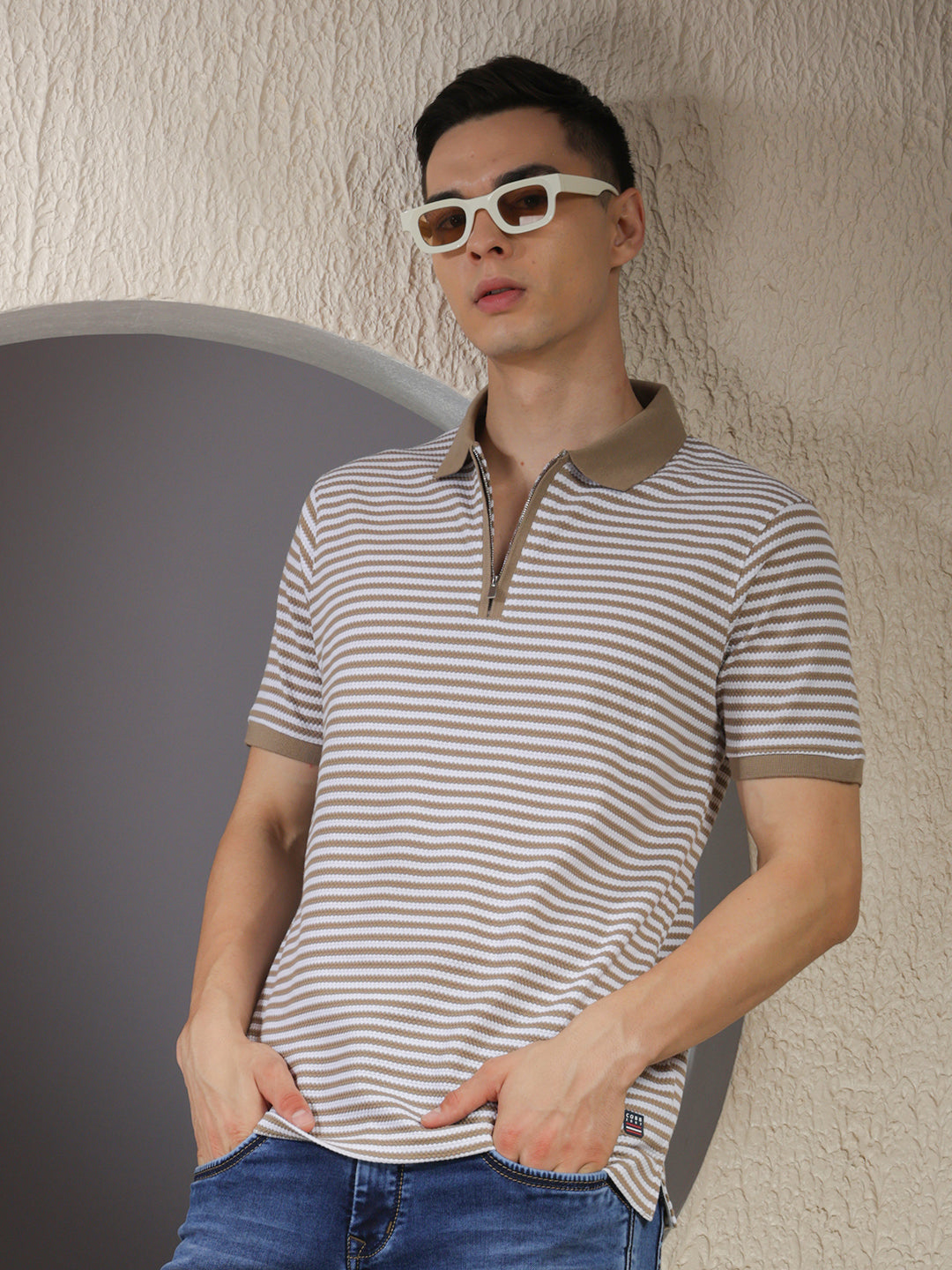 cobb beige striped polo neck zipper t-shirt