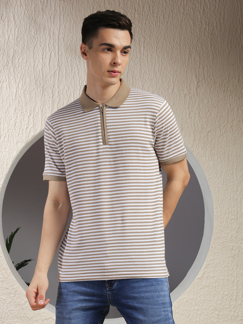 cobb beige striped polo neck zipper t-shirt
