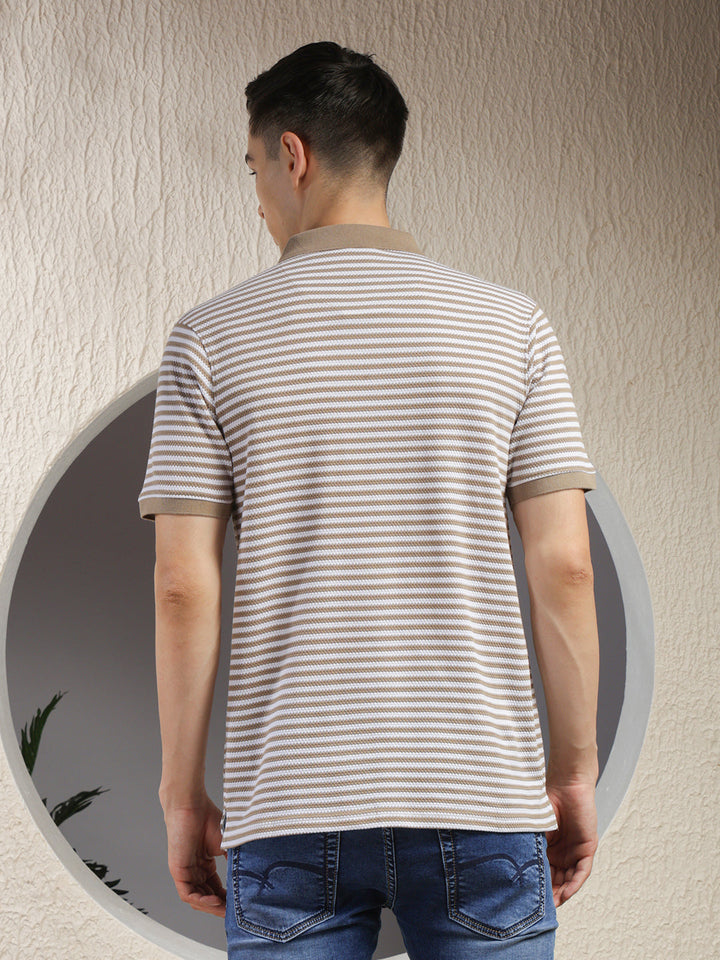 cobb beige striped polo neck zipper t-shirt