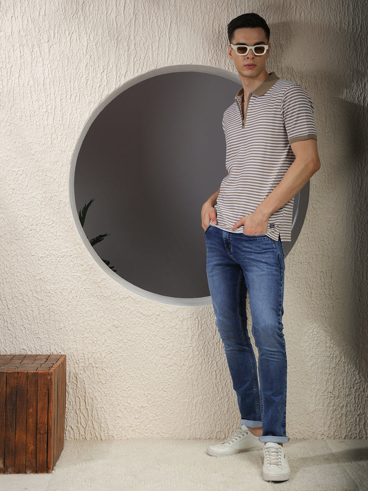 COBB BEIGE STRIPED POLO NECK ZIPPER T-SHIRT