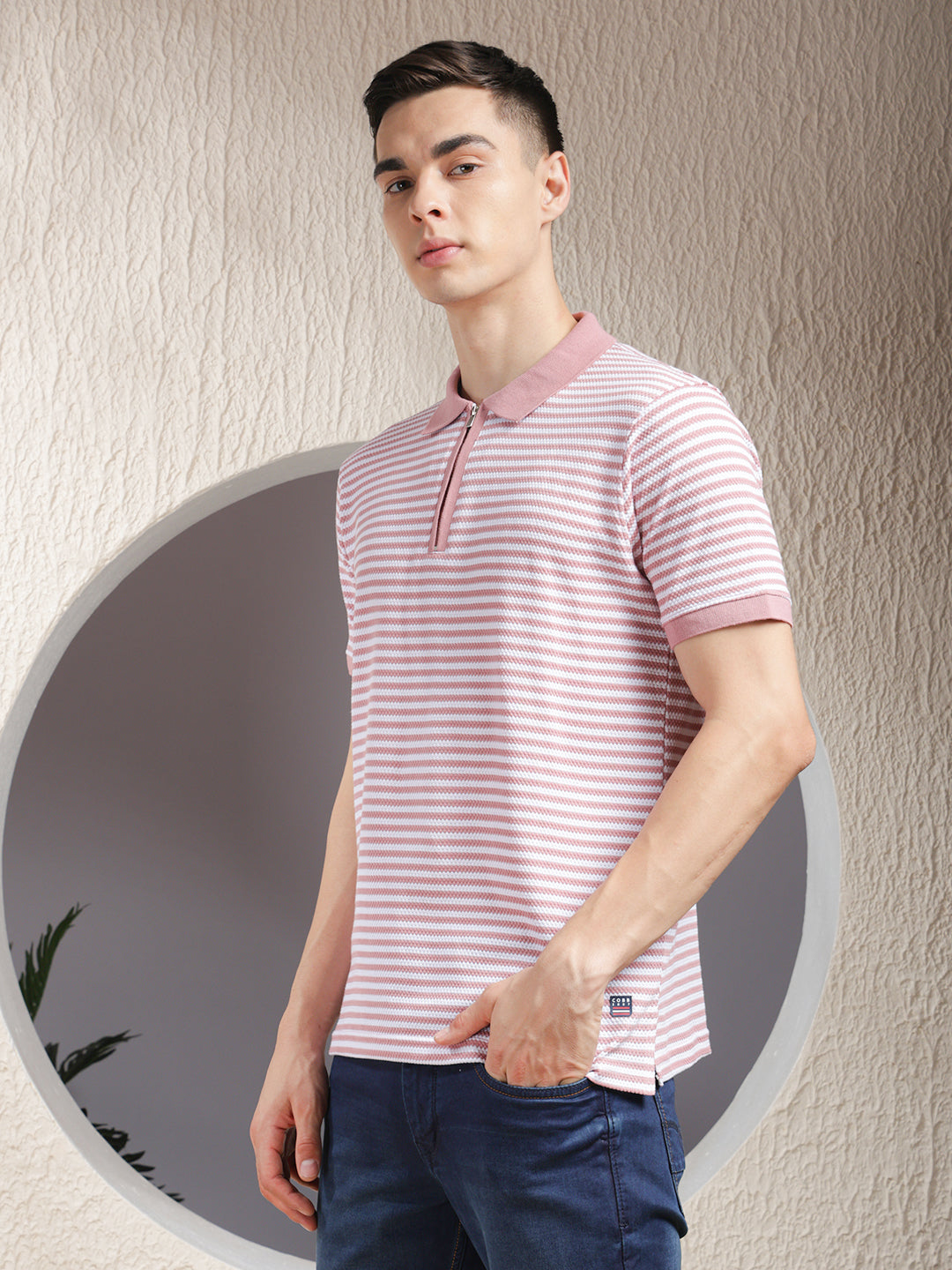 COBB PINK STRIPED POLO NECK ZIPPER T-SHIRT