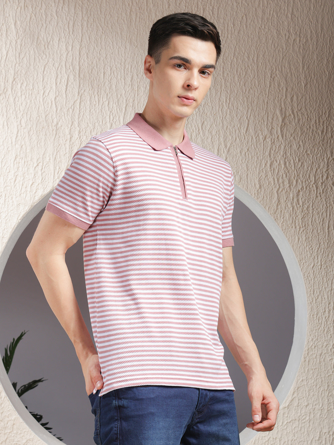 COBB PINK STRIPED POLO NECK ZIPPER T-SHIRT