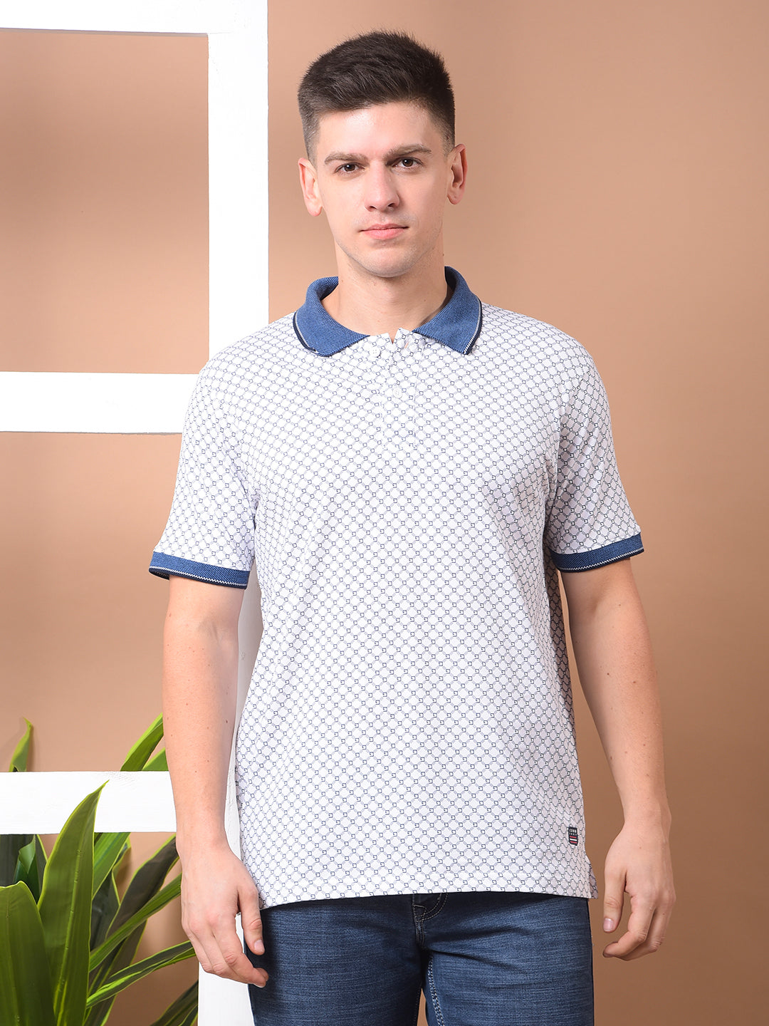 cobb white printed polo neck t-shirt