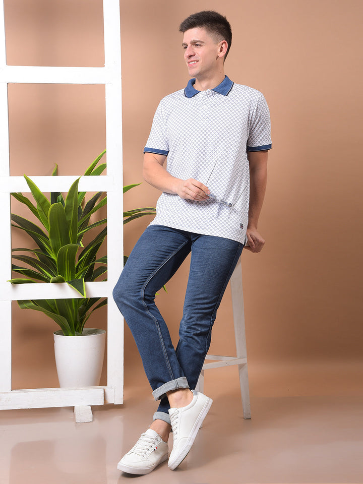 COBB WHITE PRINTED POLO NECK T-SHIRT