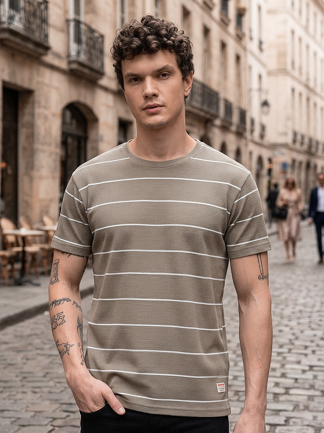 cobb beige striped round neck t-shirt