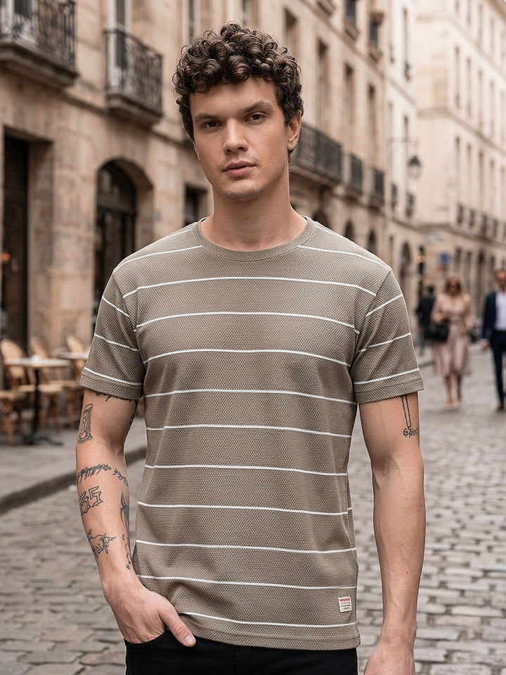 cobb beige striped round neck t-shirt