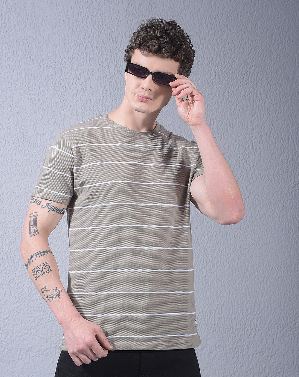 cobb beige striped round neck t-shirt