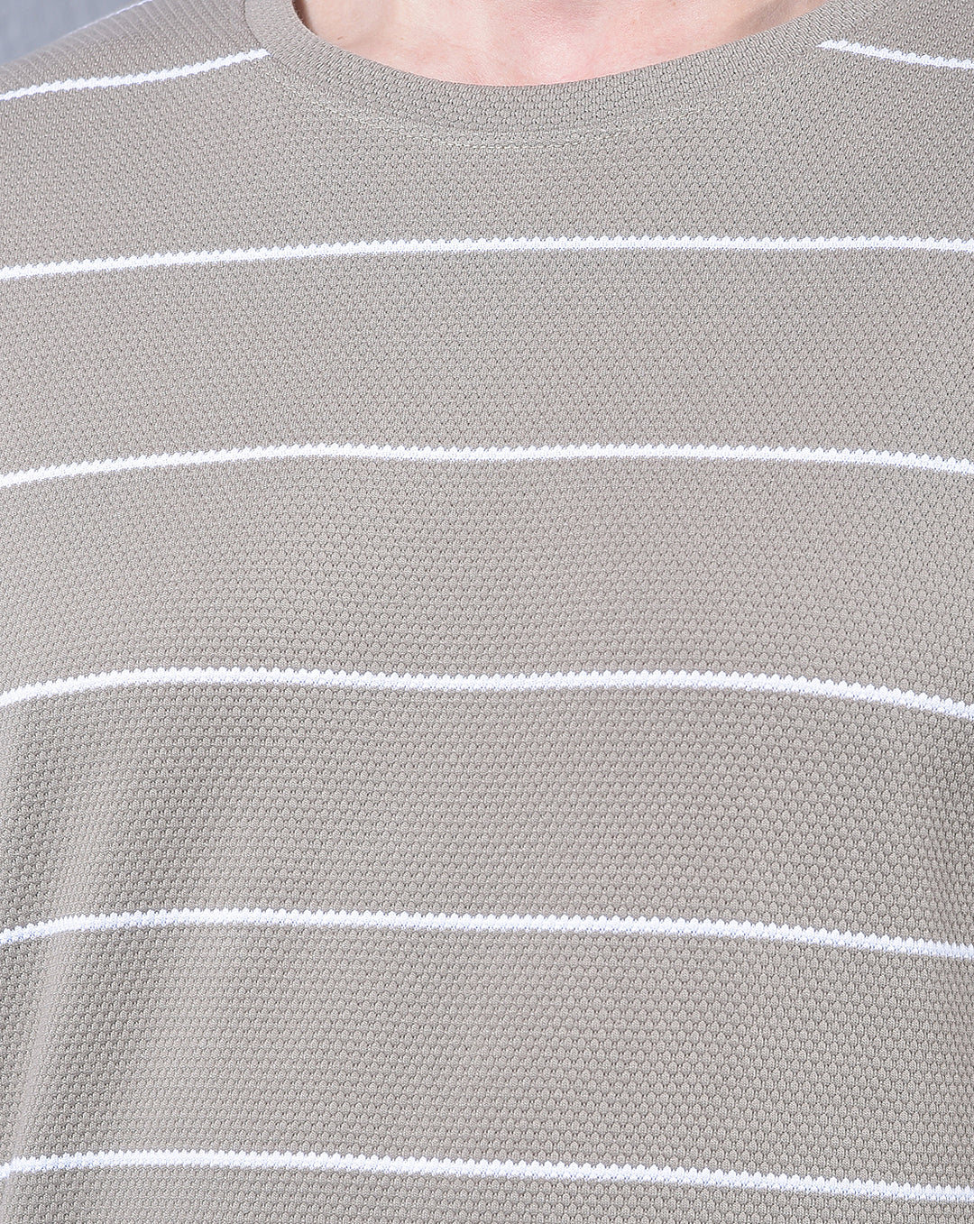 COBB BEIGE STRIPED ROUND NECK T-SHIRT