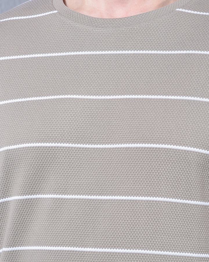 COBB BEIGE STRIPED ROUND NECK T-SHIRT