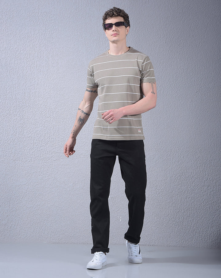 COBB BEIGE STRIPED ROUND NECK T-SHIRT