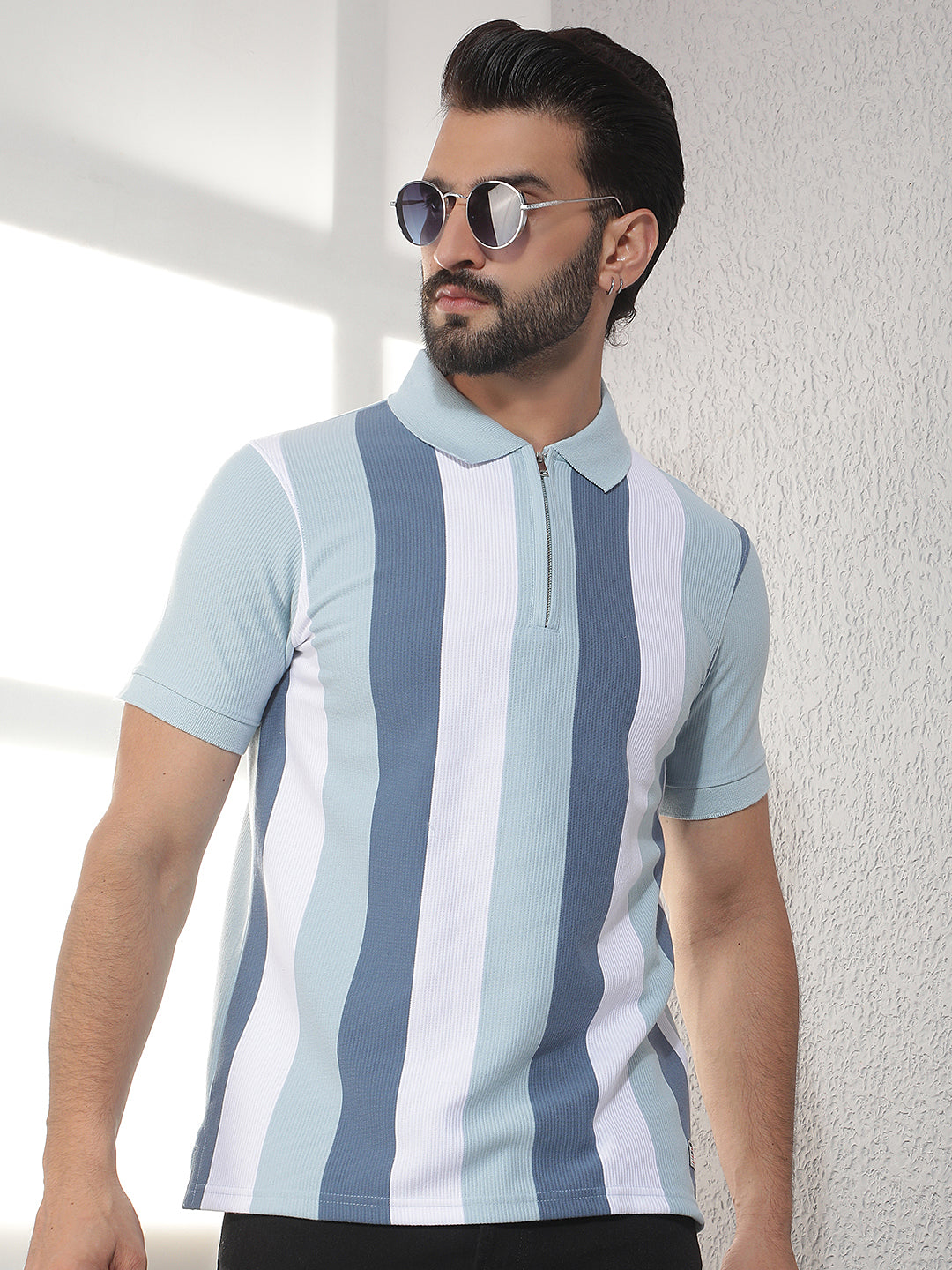cobb sky blue striped polo neck t-shirt