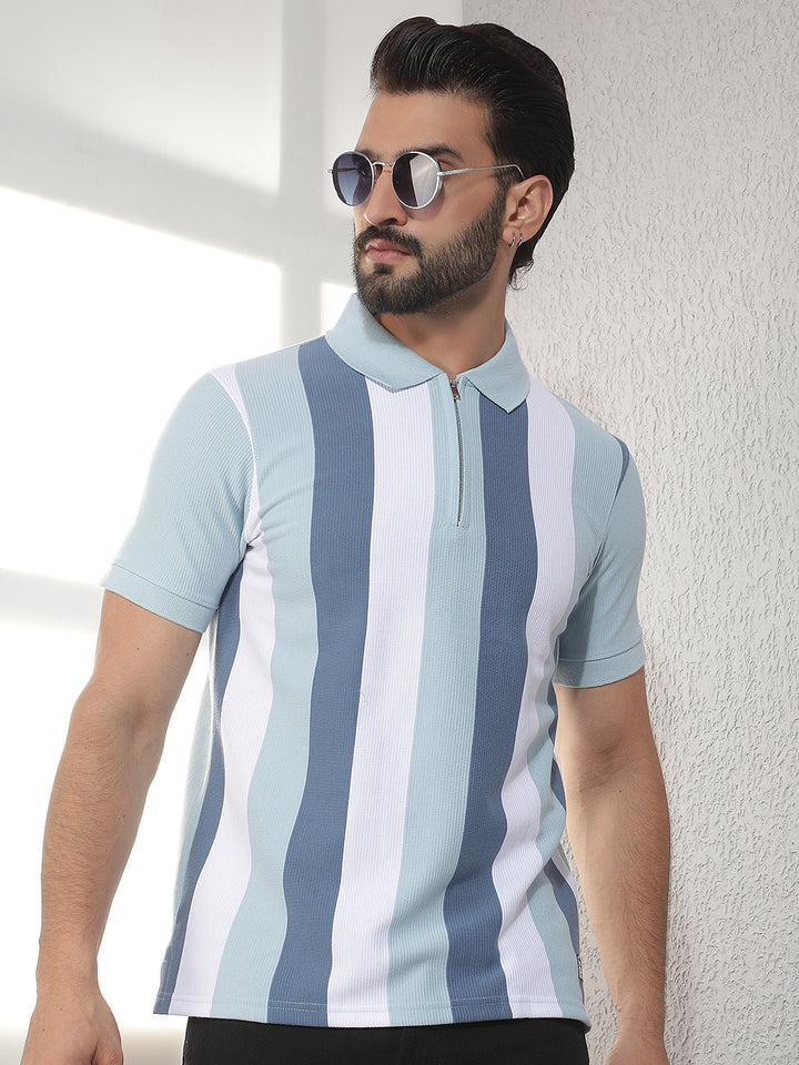 cobb sky blue striped polo neck t-shirt