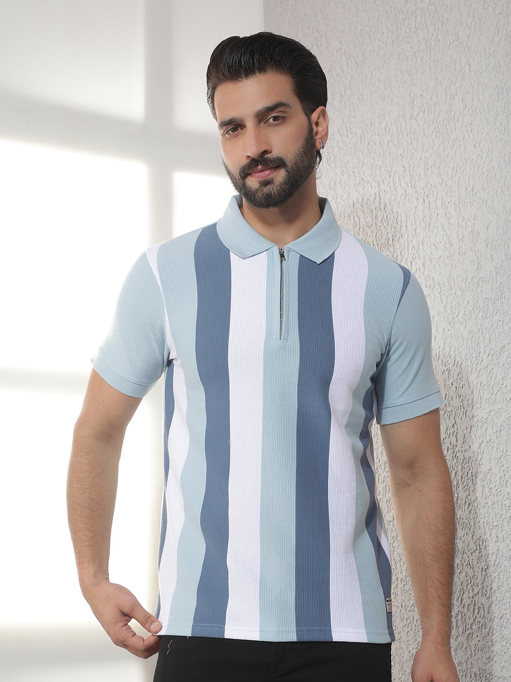 cobb sky blue striped polo neck t-shirt