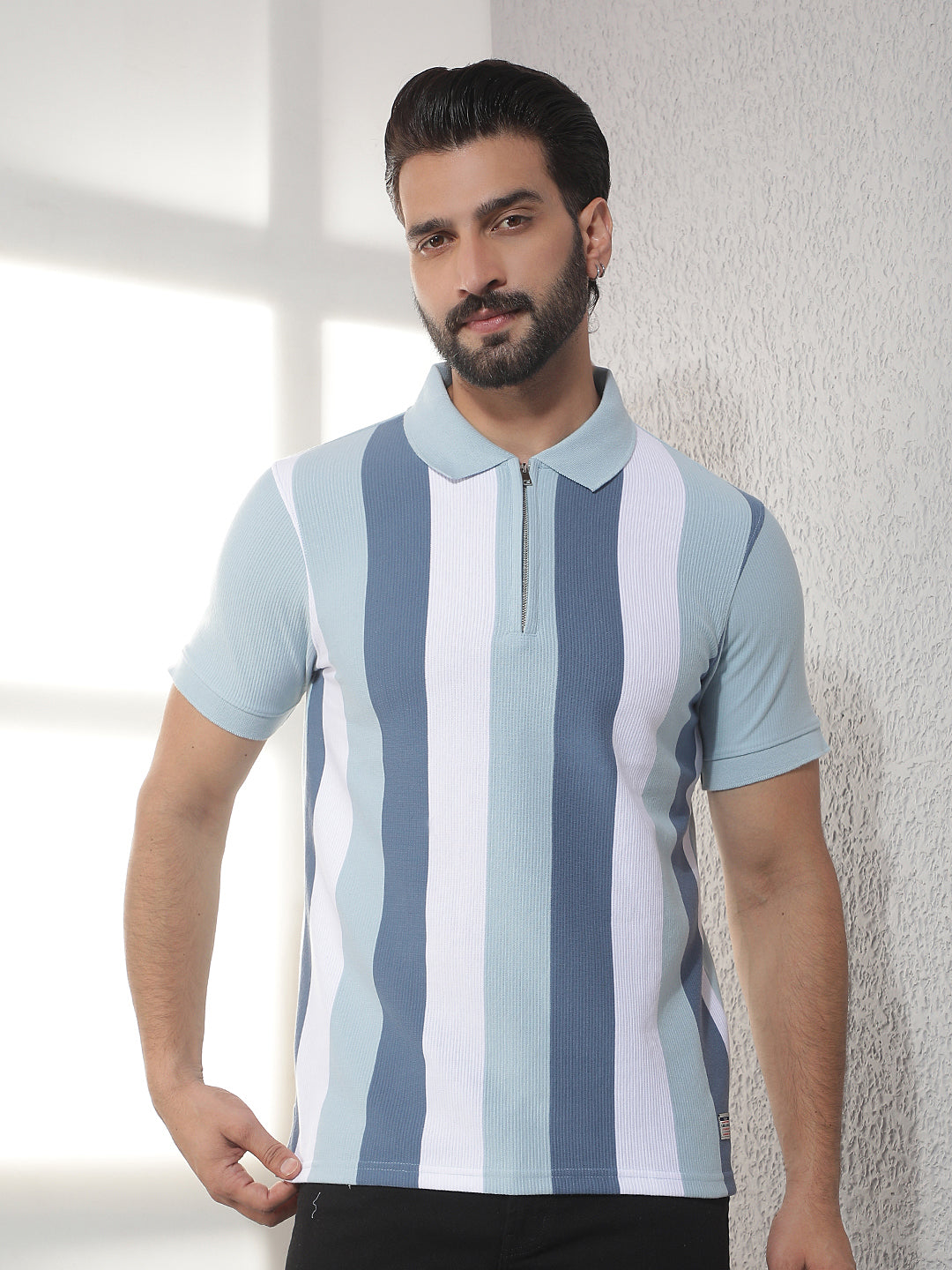 cobb sky blue striped polo neck t-shirt