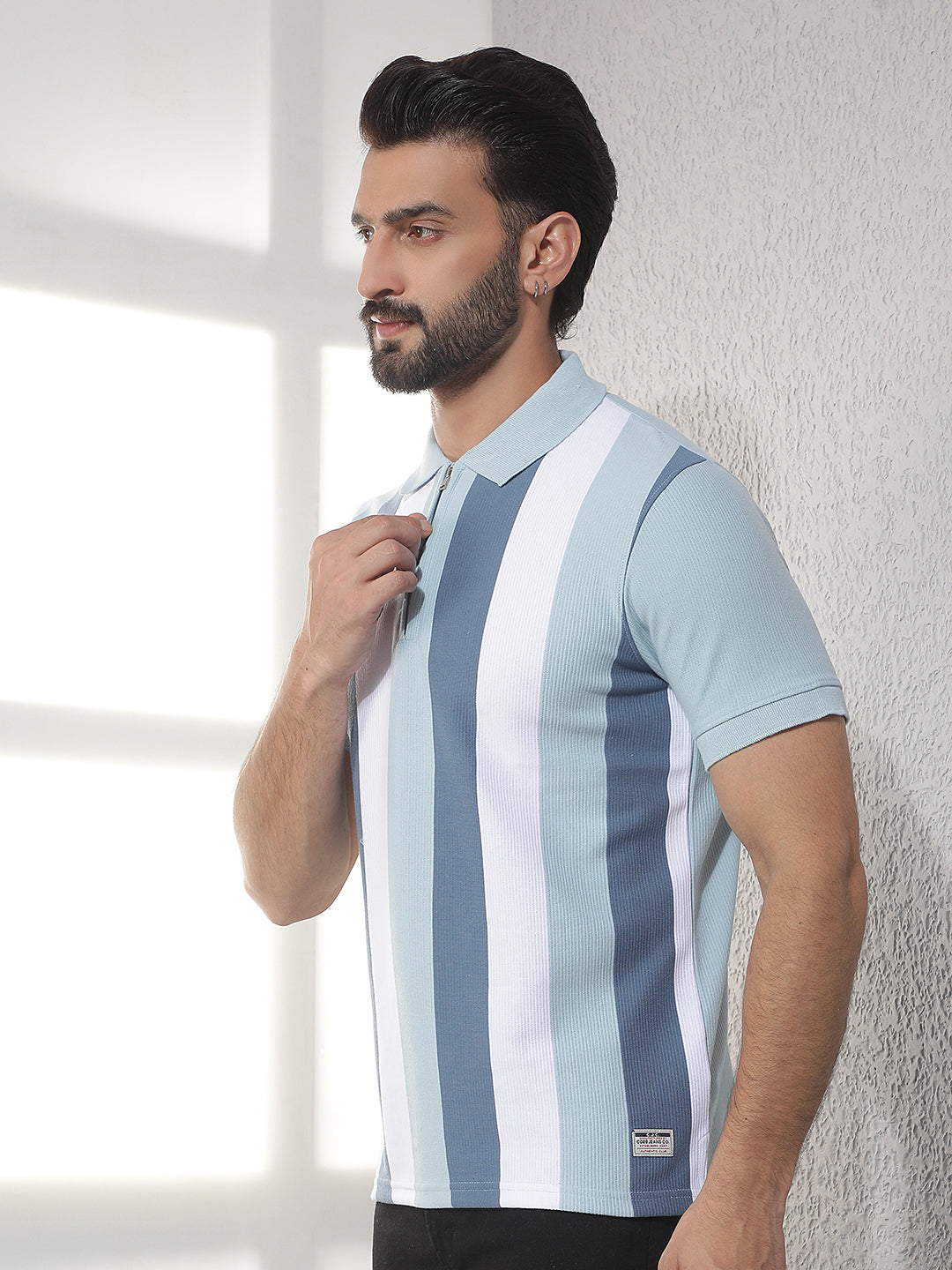 cobb sky blue striped polo neck t-shirt